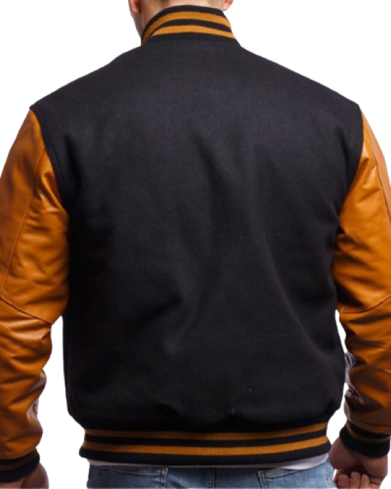 Old Gold Genuine Leather & Black Wool Varsity Letterman Jacket Old Gold Genuine Leather & Black Wool Varsity Letterman Jacket