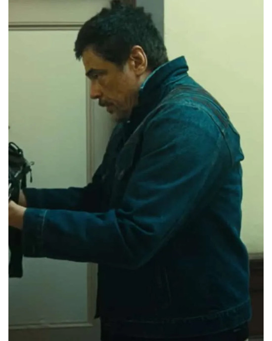 One Battle After Another Benicio Del Toro Blue Jacket