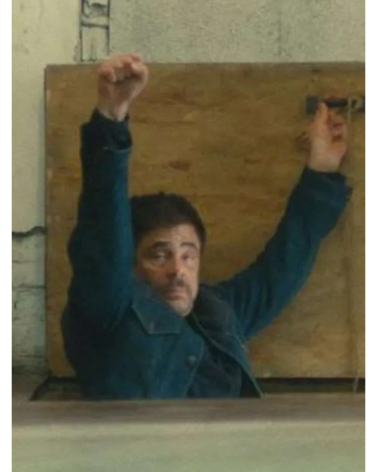 One Battle After Another Benicio Del Toro Blue Jacket