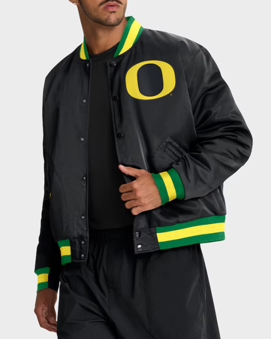 Oregon Ducks Legacy Bomber Black Full-Snap Satin Jacket