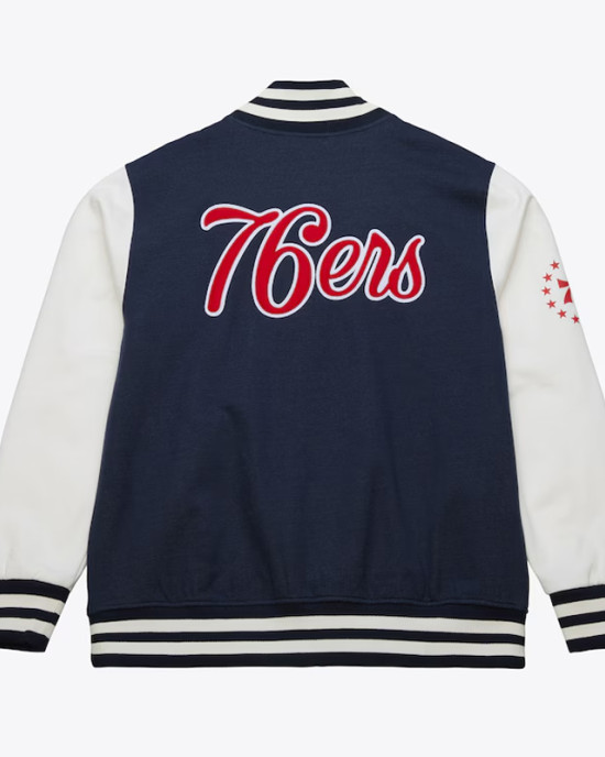 Philadelphia 76ers Navy and White Fleece Varsity Jacket Philadelphia 76ers Navy and White Fleece Varsity Jacket