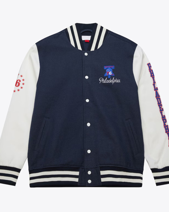 Philadelphia 76ers Navy and White Fleece Varsity Jacket Philadelphia 76ers Navy and White Fleece Varsity Jacket