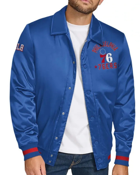 Philadelphia 76ers Stitch Applique Royal Satin Jacket Philadelphia 76ers Stitch Applique Royal Satin Jacket