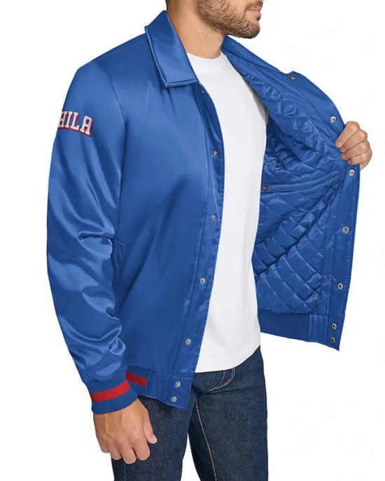 Philadelphia 76ers Stitch Applique Royal Satin Jacket Philadelphia 76ers Stitch Applique Royal Satin Jacket