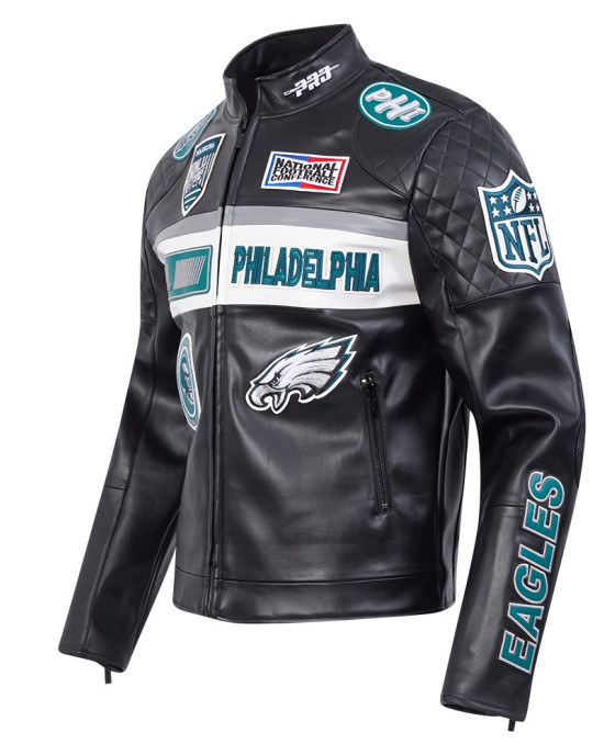 Philadelphia Eagles Men's Black Leather Moto Racing Jacket