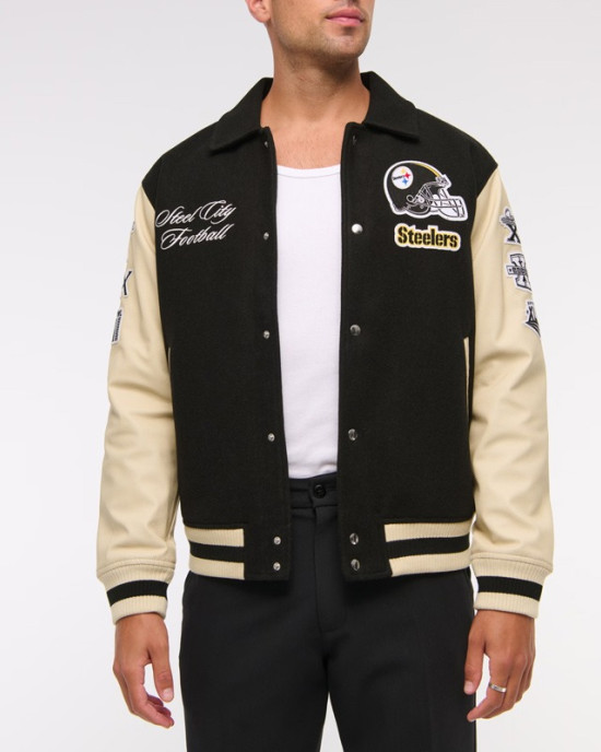 Pittsburgh Steelers Black and Eggshell Varsity Bomber Jacket