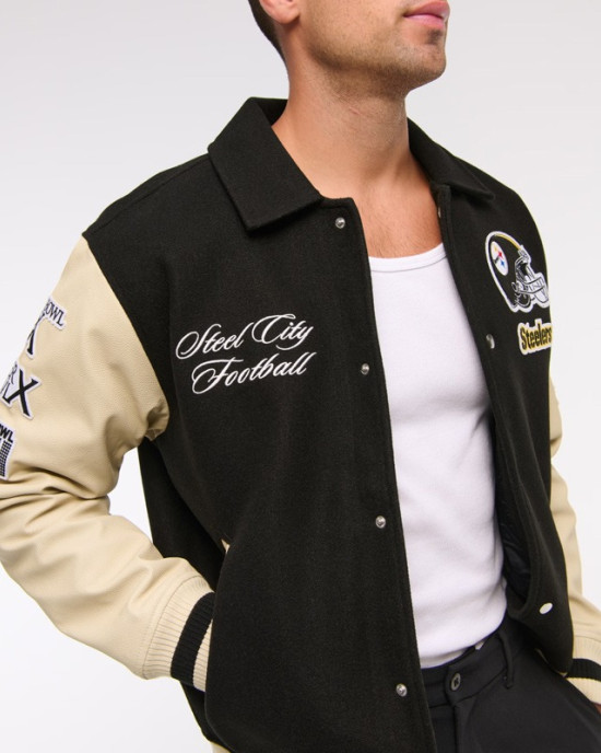 Pittsburgh Steelers Black and Eggshell Varsity Bomber Jacket