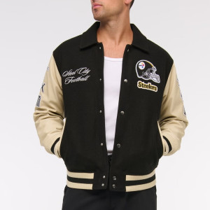 Pittsburgh Steelers Black and Eggshell Varsity Bomber Jacket