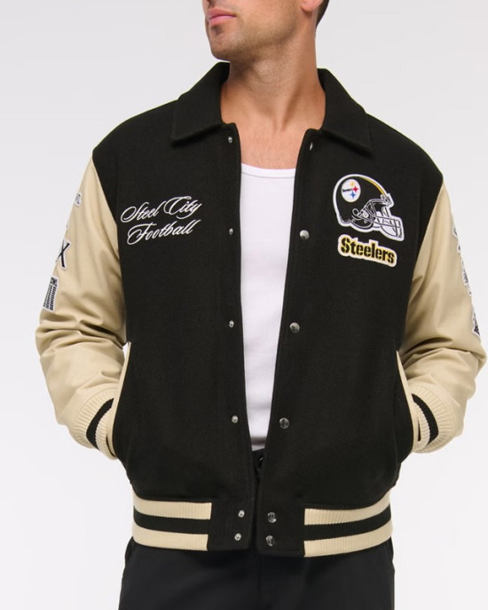 Pittsburgh Steelers Black and Eggshell Varsity Bomber Jacket