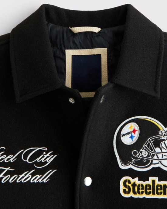 Pittsburgh Steelers Black and Eggshell Varsity Bomber Jacket