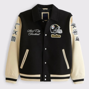 Pittsburgh Steelers Black and Eggshell Varsity Bomber Jacket