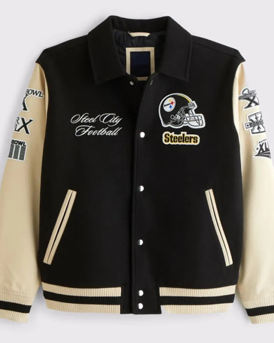 Pittsburgh Steelers Black and Eggshell Varsity Bomber Jacket