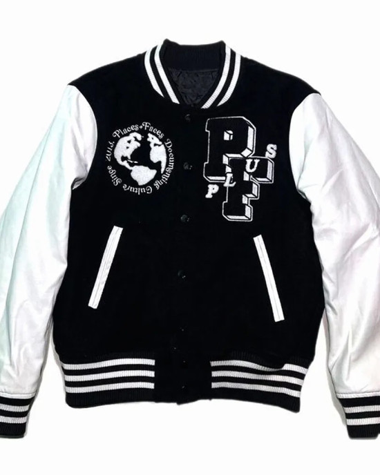 Places Plus Faces Black and White Varsity Jacket Places Plus Faces Black and White Varsity Jacket