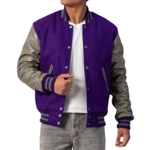 Purple Body & Grey Leather Sleeves Letterman