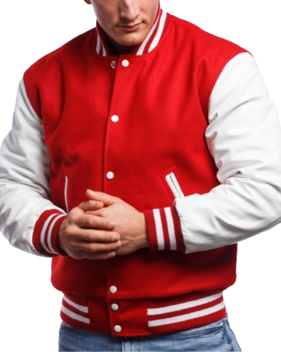 Red Wool and White Leather Varsity Letterman Jacket Red Wool and White Leather Varsity Letterman Jacket