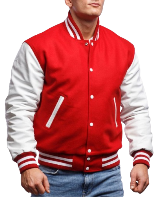 Red Wool and White Leather Varsity Letterman Jacket Red Wool and White Leather Varsity Letterman Jacket