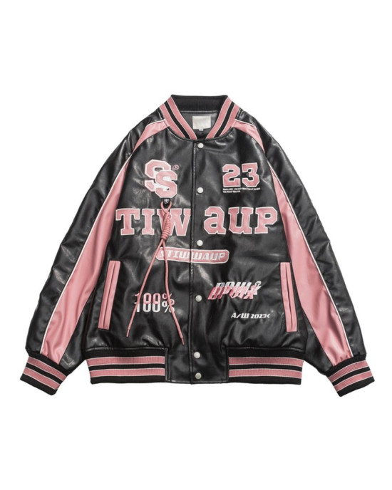 Retro Y2K Pink Embroidered American Vintage Leather Bomber Jacket Retro Y2K Pink Embroidered American Vintage Leather Bomber Jacket