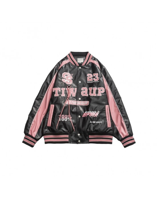 Retro Y2K Pink Embroidered American Vintage Leather Bomber Jacket