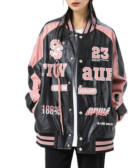 Retro Y2K Pink Embroidered American Vintage Leather Bomber Jacket Retro Y2K Pink Embroidered American Vintage Leather Bomber Jacket