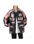 Retro Y2K Pink Embroidered American Vintage Leather Bomber Jacket