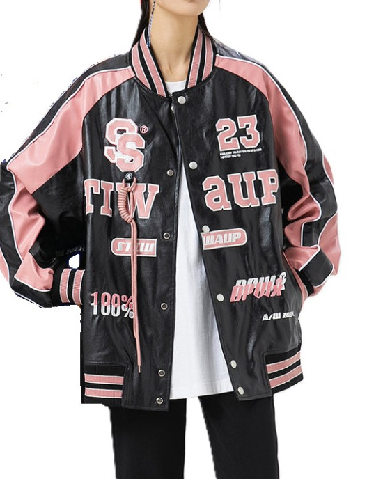 Retro Y2K Pink Embroidered American Vintage Leather Bomber Jacket Retro Y2K Pink Embroidered American Vintage Leather Bomber Jacket