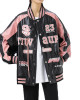 Retro Y2K Pink Embroidered American Vintage Leather Bomber Jacket Retro Y2K Pink Embroidered American Vintage Leather Bomber Jacket