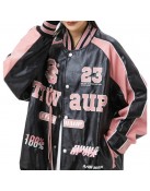 Retro Y2K Pink Embroidered American Vintage Leather Bomber Jacket