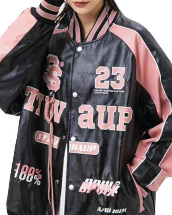 Retro Y2K Pink Embroidered American Vintage Leather Bomber Jacket Retro Y2K Pink Embroidered American Vintage Leather Bomber Jacket