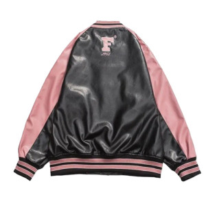 Retro Y2K Pink Embroidered American Vintage Leather Bomber Jacket