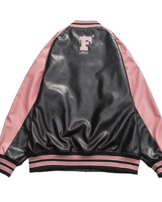 Retro Y2K Pink Embroidered American Vintage Leather Bomber Jacket Retro Y2K Pink Embroidered American Vintage Leather Bomber Jacket