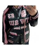 Retro Y2K Pink Embroidered American Vintage Leather Bomber Jacket