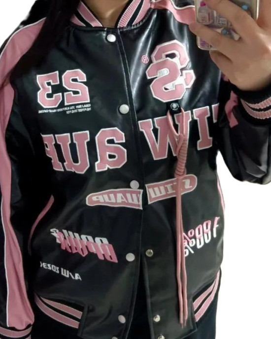 Retro Y2K Pink Embroidered American Vintage Leather Bomber Jacket Retro Y2K Pink Embroidered American Vintage Leather Bomber Jacket
