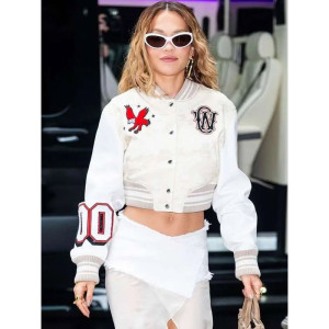 Rita Ora Elvis Duran Show Varsity Jacket - Cream Wool & Leather