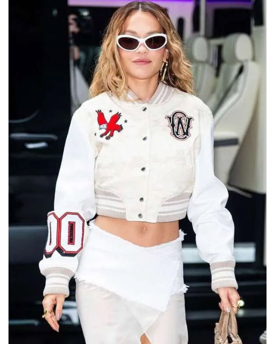 Rita Ora Elvis Duran Show Varsity Jacket - Cream Wool & Leather