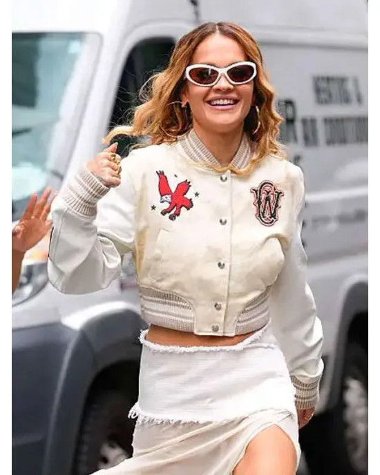 Rita Ora Elvis Duran Show Varsity Jacket - Cream Wool & Leather