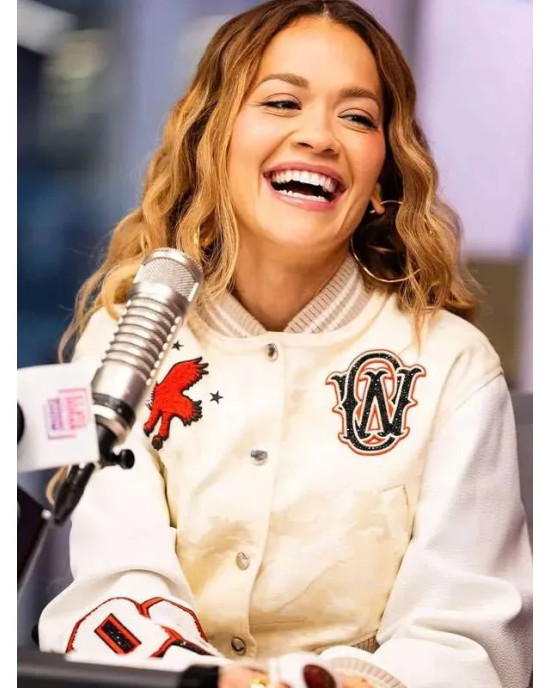 Rita Ora Elvis Duran Show Varsity Jacket - Cream Wool & Leather
