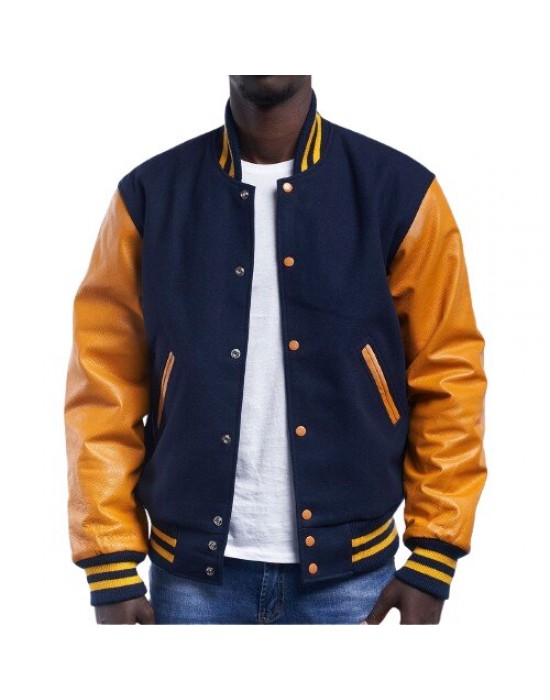 Royal Wool Body & Bright Gold Leather Sleeves Letterman Jacket