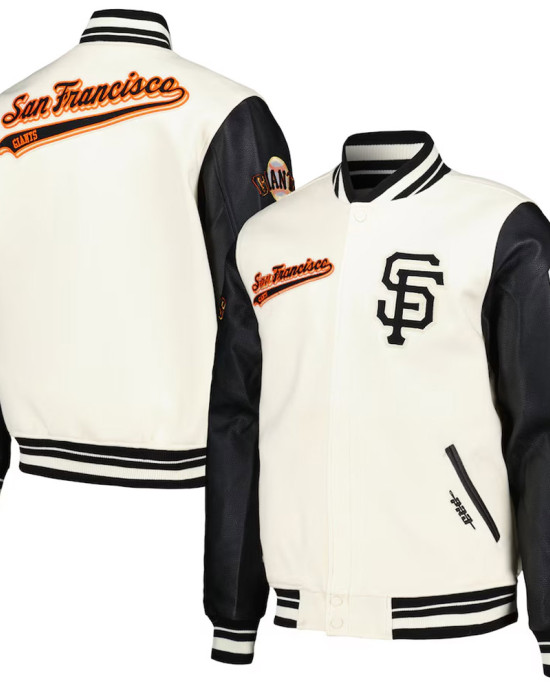San Francisco Giants Script Tail Cream and Black Varsity Jacket San Francisco Giants Script Tail Cream and Black Varsity Jacket