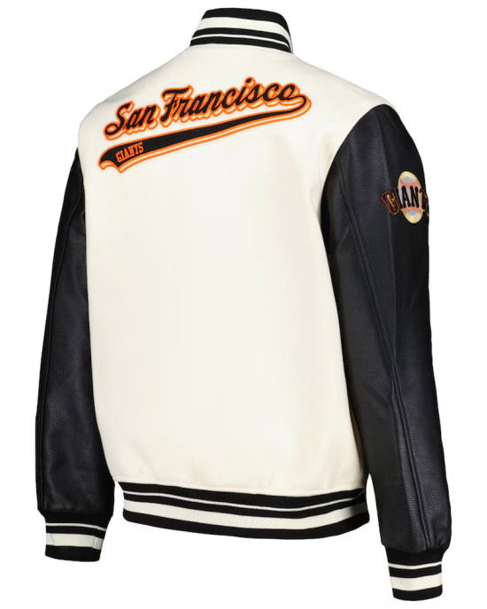 San Francisco Giants Script Tail Cream and Black Varsity Jacket San Francisco Giants Script Tail Cream and Black Varsity Jacket