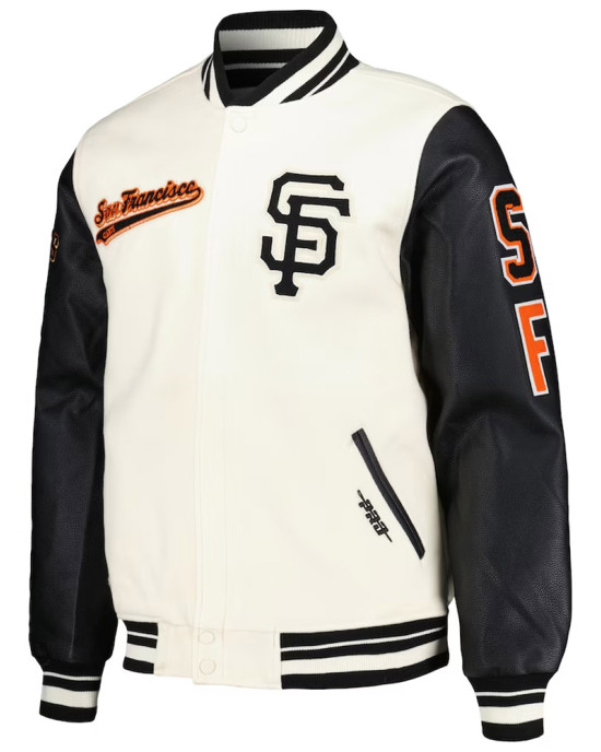 San Francisco Giants Script Tail Cream and Black Varsity Jacket San Francisco Giants Script Tail Cream and Black Varsity Jacket