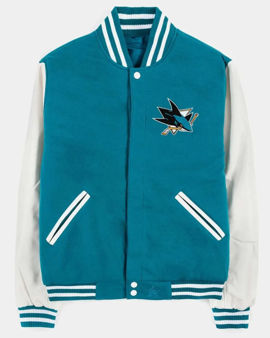 San Jose Sharks Teal and White Varsity Jacket San Jose Sharks Teal and White Varsity Jacket
