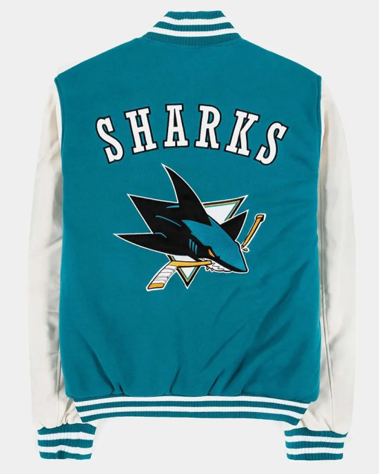 San Jose Sharks Teal and White Varsity Jacket San Jose Sharks Teal and White Varsity Jacket