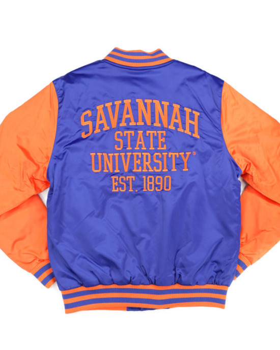 Savannah State Blue and Orange Baseball Jacket Savannah State Blue and Orange Baseball Jacket