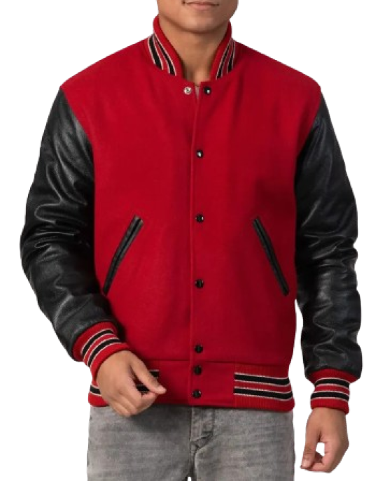 Scarlet Red Body & Black Sleeves Letterman Jacket With Feathered Knit Trim Scarlet Red Body & Black Sleeves Letterman Jacket With Feathered Knit Trim