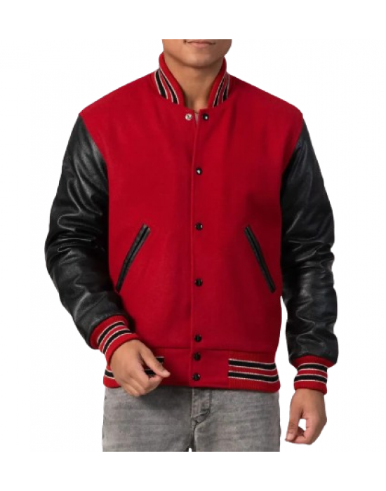 Scarlet Red Body & Black Sleeves Letterman Jacket With Feathered Knit Trim