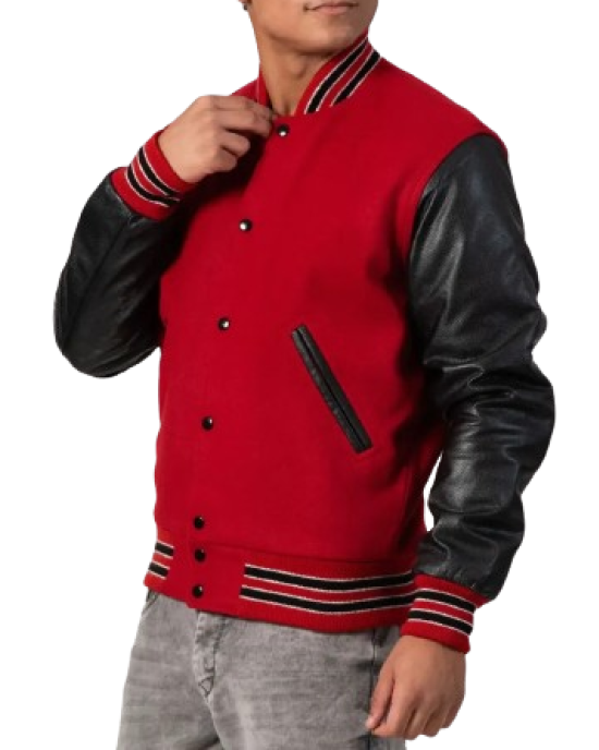 Scarlet Red Body & Black Sleeves Letterman Jacket With Feathered Knit Trim
