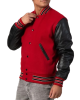 Scarlet Red Body & Black Sleeves Letterman Jacket With Feathered Knit Trim