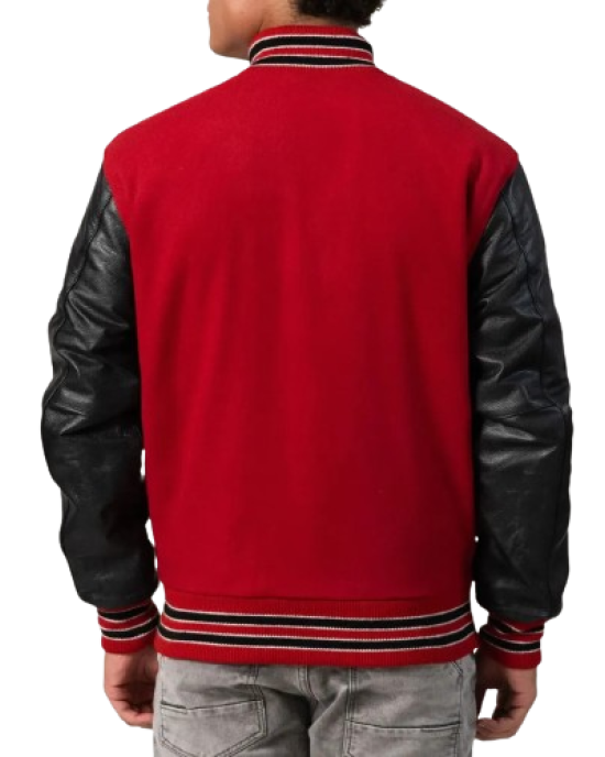 Scarlet Red Body & Black Sleeves Letterman Jacket With Feathered Knit Trim Scarlet Red Body & Black Sleeves Letterman Jacket With Feathered Knit Trim