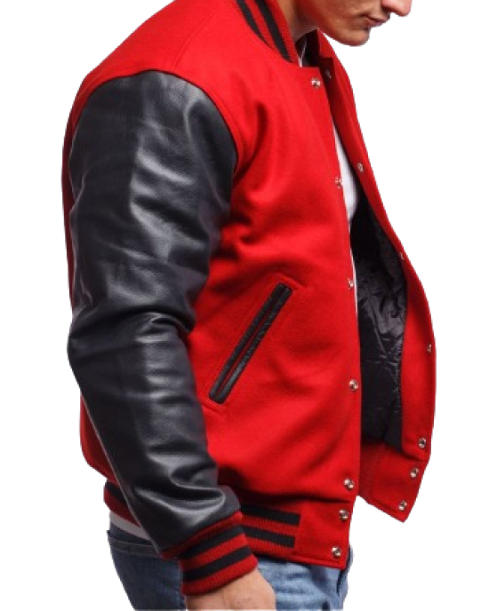 Scarlet Red Wool & Black Leather Varsity Letterman Jacket Scarlet Red Wool & Black Leather Varsity Letterman Jacket