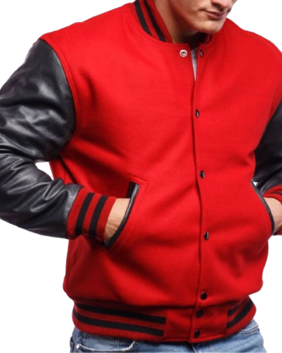 Scarlet Red Wool & Black Leather Varsity Letterman Jacket Scarlet Red Wool & Black Leather Varsity Letterman Jacket